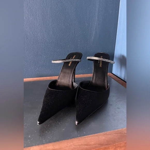 Saint Laurent Barbara Crystal embellished Satin Mule Heels - new in box - Picture 9 of 11